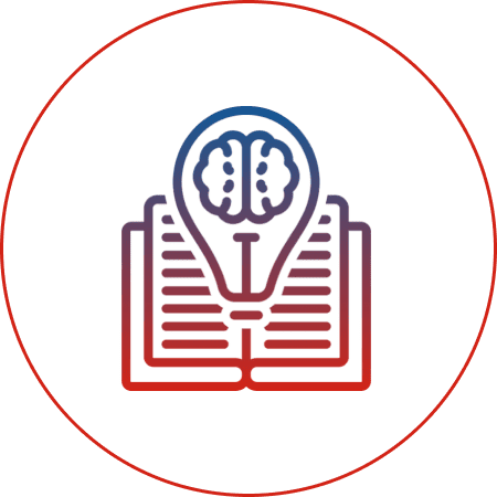 Open book with brain lightbulb icon.