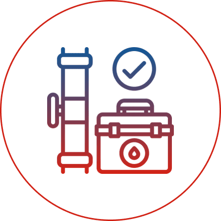 Toolbox, pipe, and checkmark icon illustration.