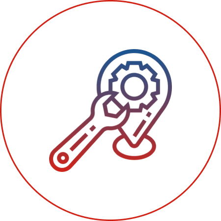 Wrench and gear symbol in circle.