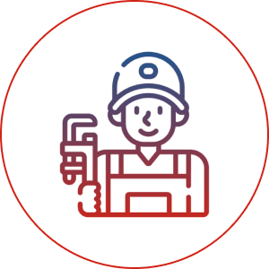 Cartoon plumber holding wrench in circle.