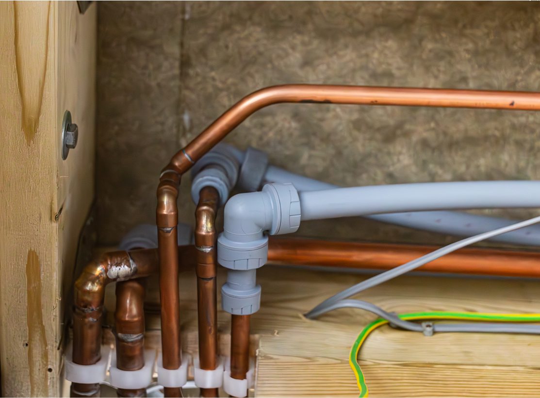 Copper and PVC pipes with fittings installed.